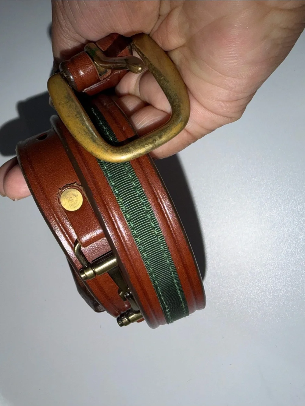 Tory English Bridle Green Brown Leather HorseBit Belt Brass Equestrian Women 28